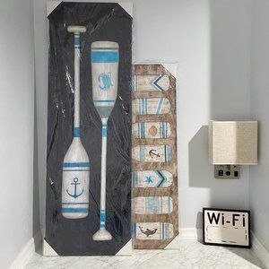 Two Paintings - Oars rowing and rustic drift bottle coastal sailing artwork